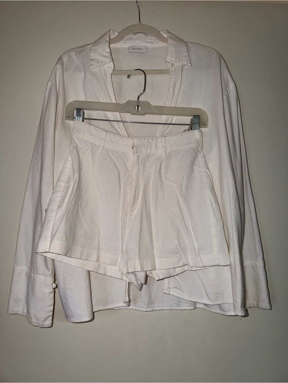 White Cream Two-Piece Linen-Look Shirt & High-Waist Shorts Set